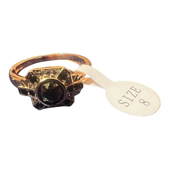 Fragrant Jewels Gold Tone Ring W/ Black Stone & Diamond Accents Size 8 Elegant J - Picture 2 of 4